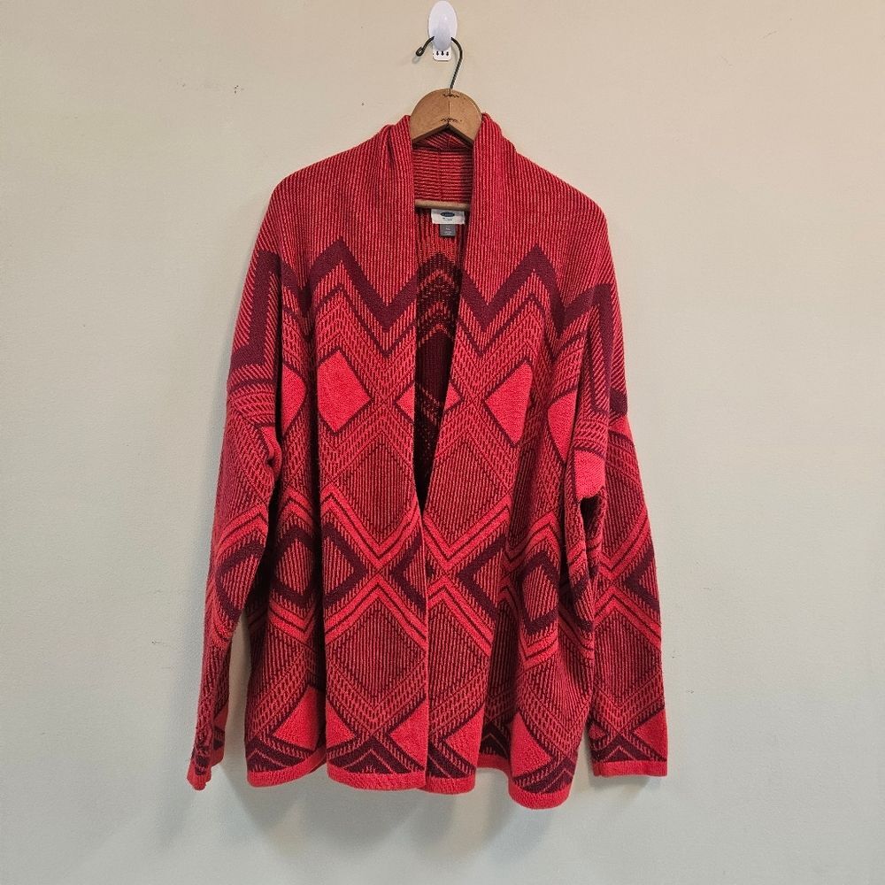 Old Navy Cardigan Sweater Women Sz XL Cranberry Cocktail Red Geometric Pattern